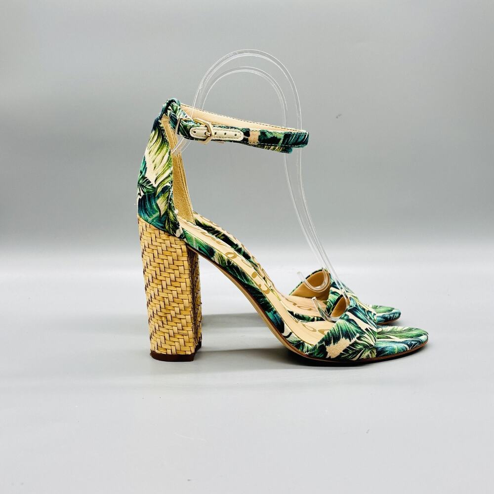 Sam Edelman Tropical Green Palm Print Ankle Strap Heels